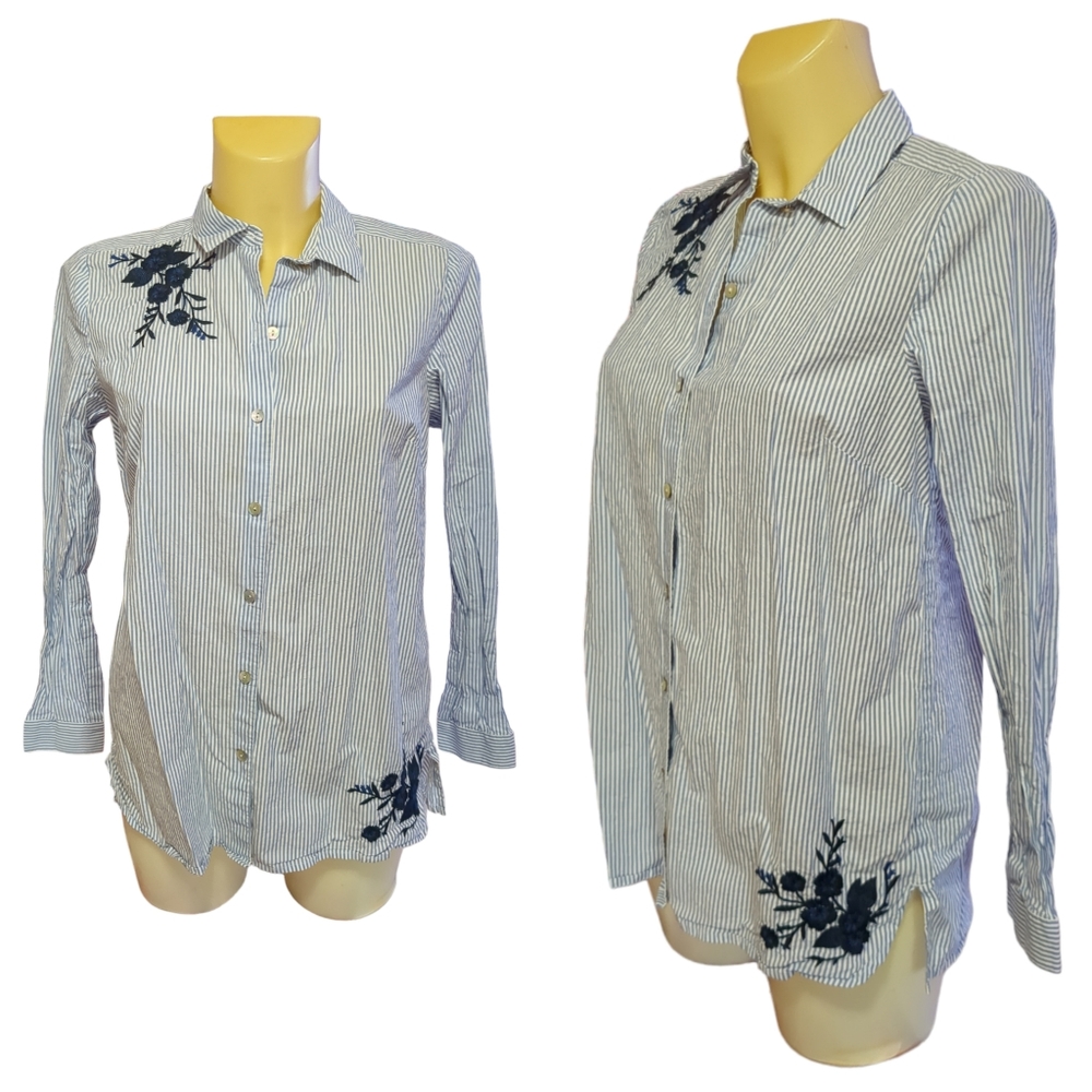 J JILL Blue & White Striped Button Down Shirt with Flower Embroidery